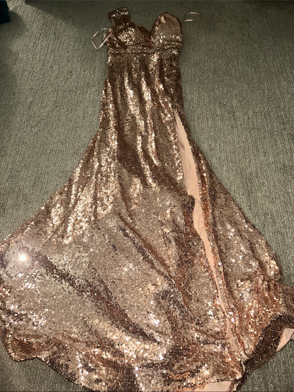 One Shoulder Rose Gold Sequin Prom Gown with High Side Slit
